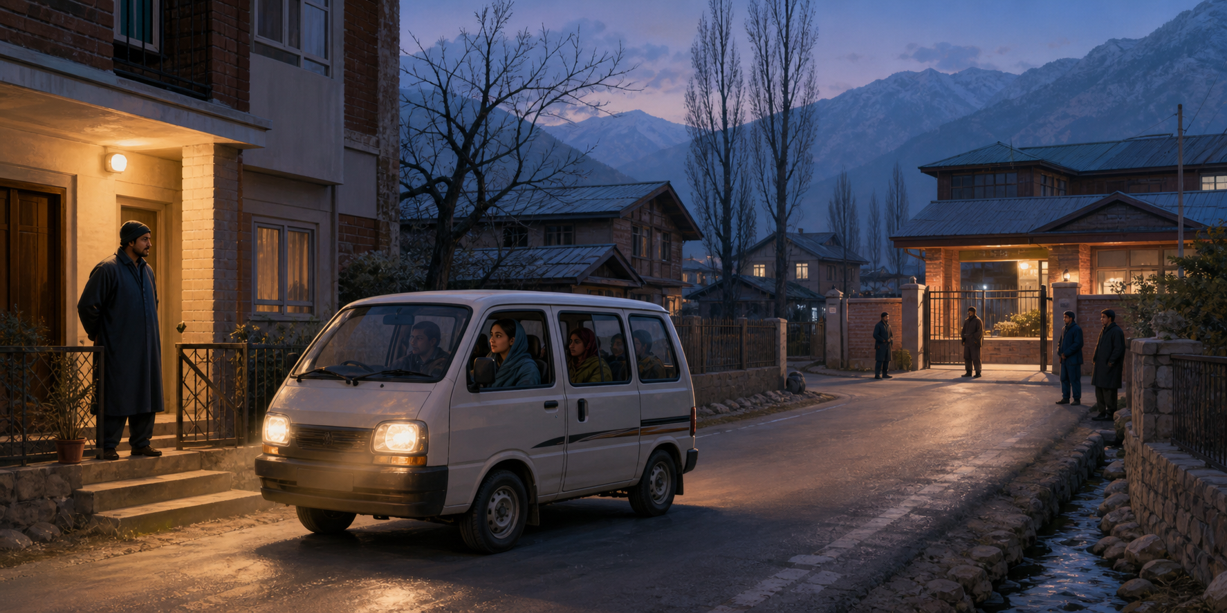 A Kashmiri employee travels by shared vehicle between a guarded residential entrance and a secured public office at dusk.