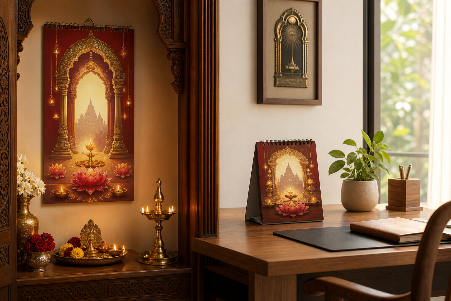 A devotional wall calendar in a home prayer alcove and a restrained table-top calendar on a work desk.