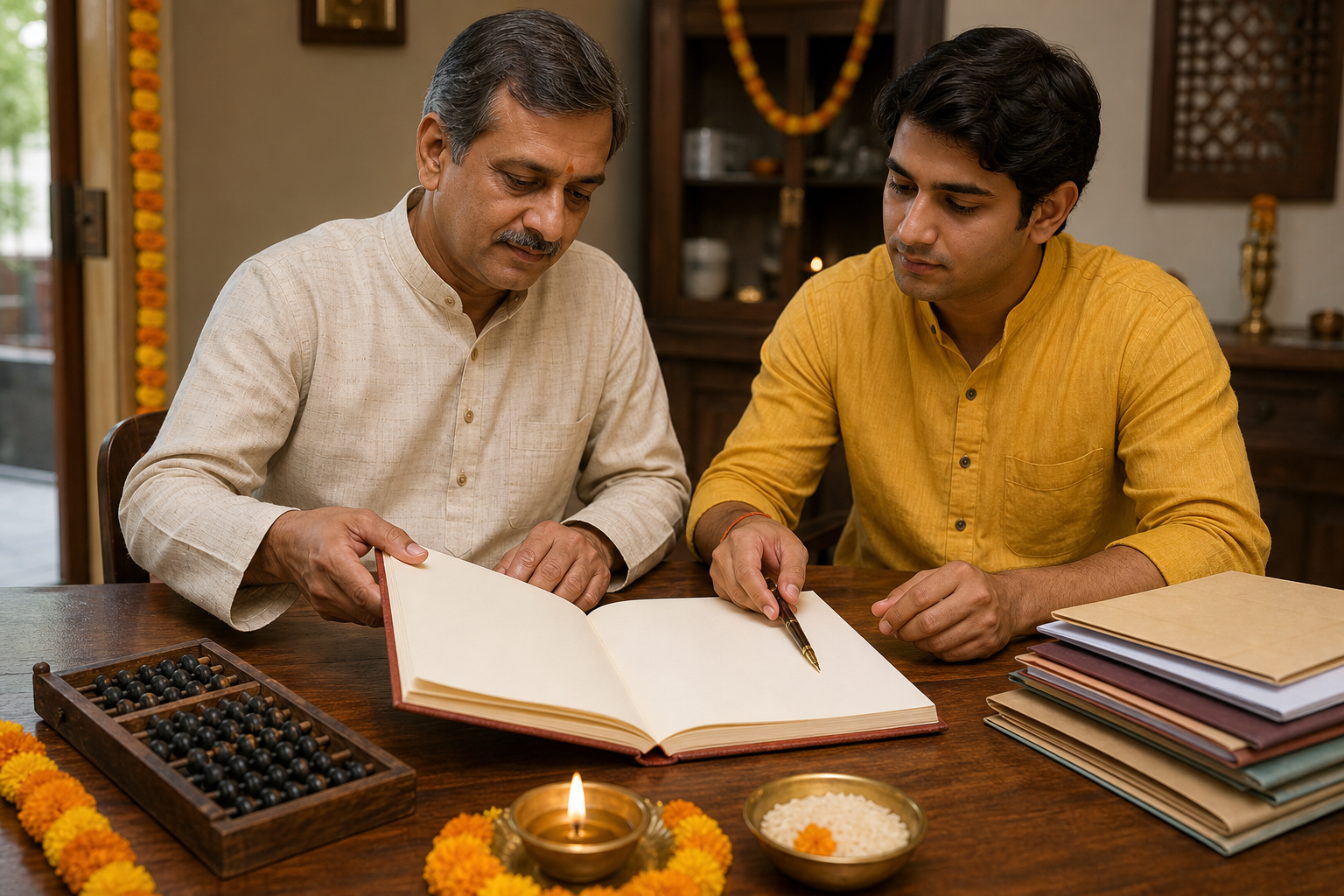 Two people open a blank cloth-bound bahi-khata at a desk with a pen, abacus, folders, diya, marigolds, and rice.