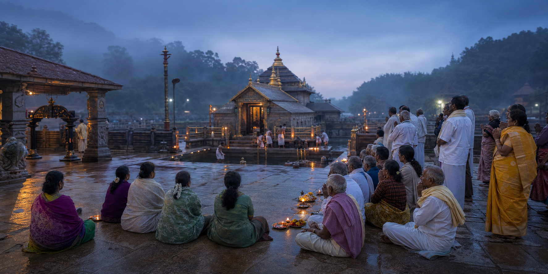 Pilgrims wait prayerfully by glowing oil lamps in the Talakaveri temple courtyard before dawn.