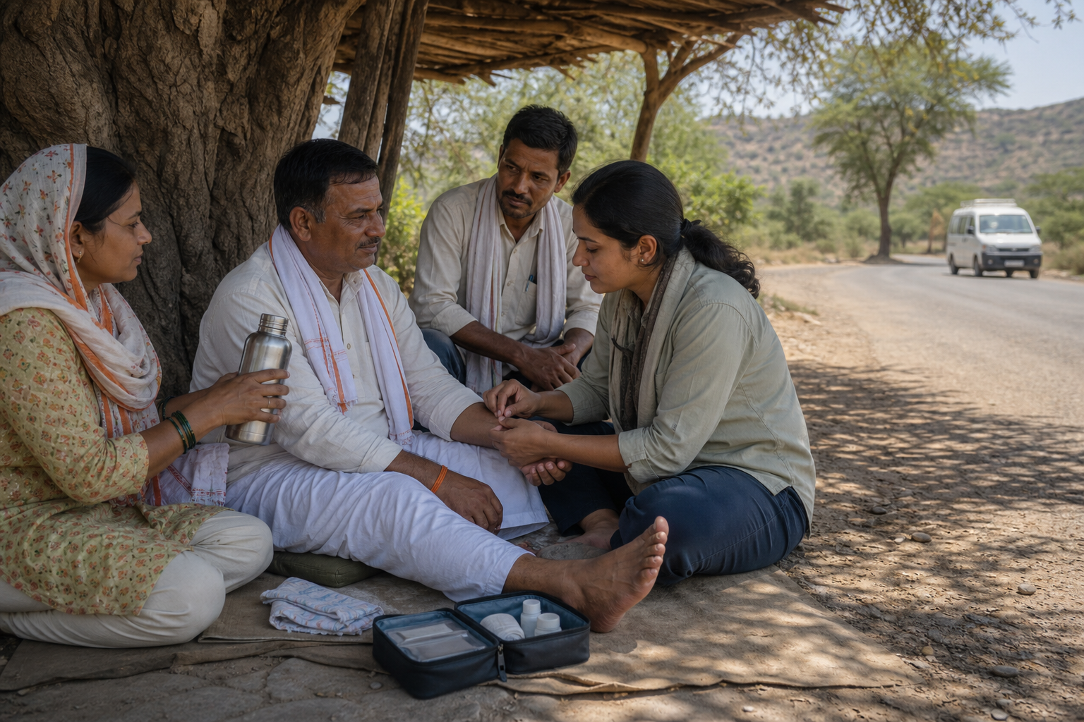 A health volunteer checks a seated pilgrim's pulse at a shaded rest point while companions provide water.
