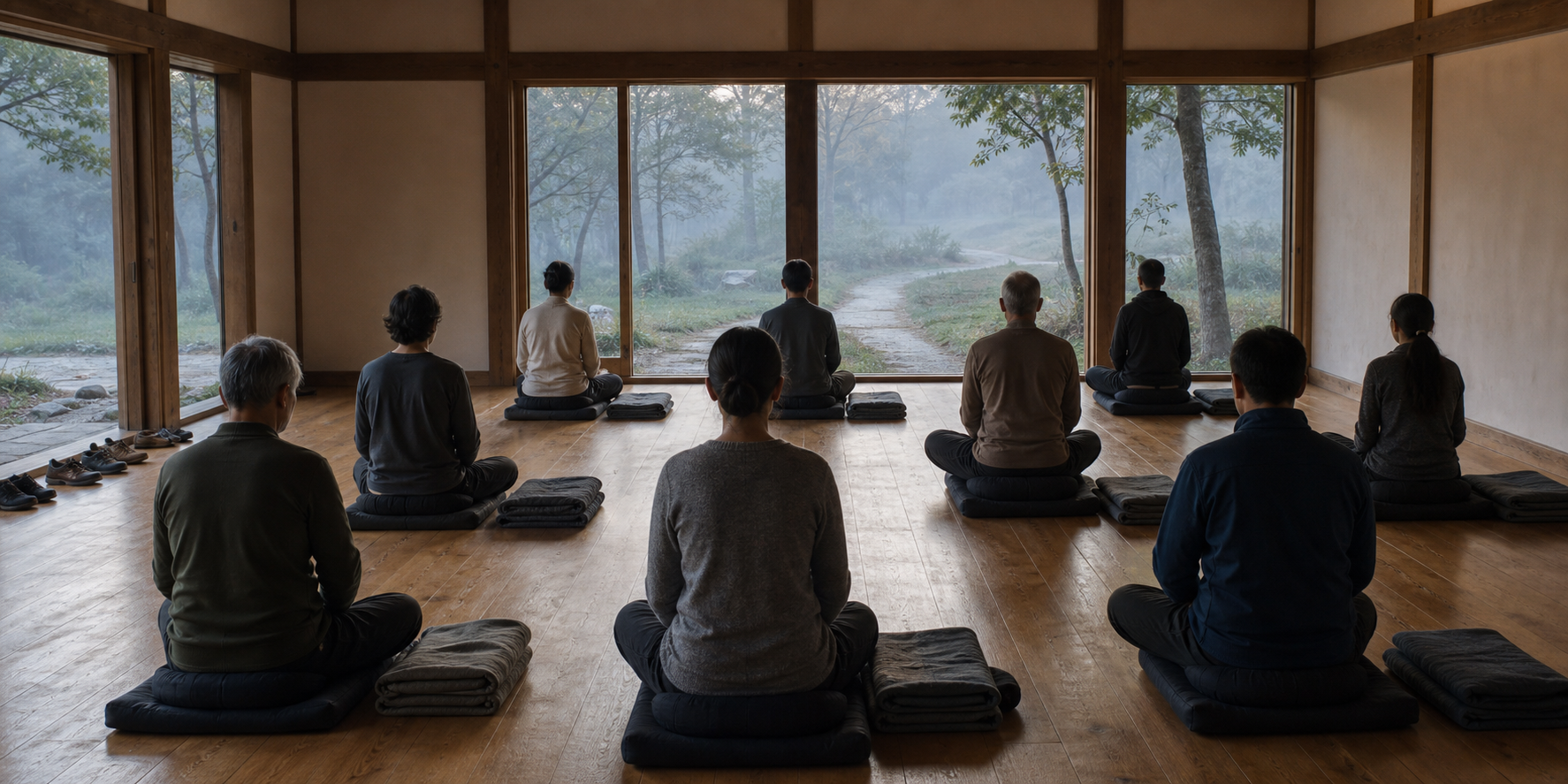 Several adults meditate on individual cushions in a simple retreat hall at dawn, with folded blankets beside them.