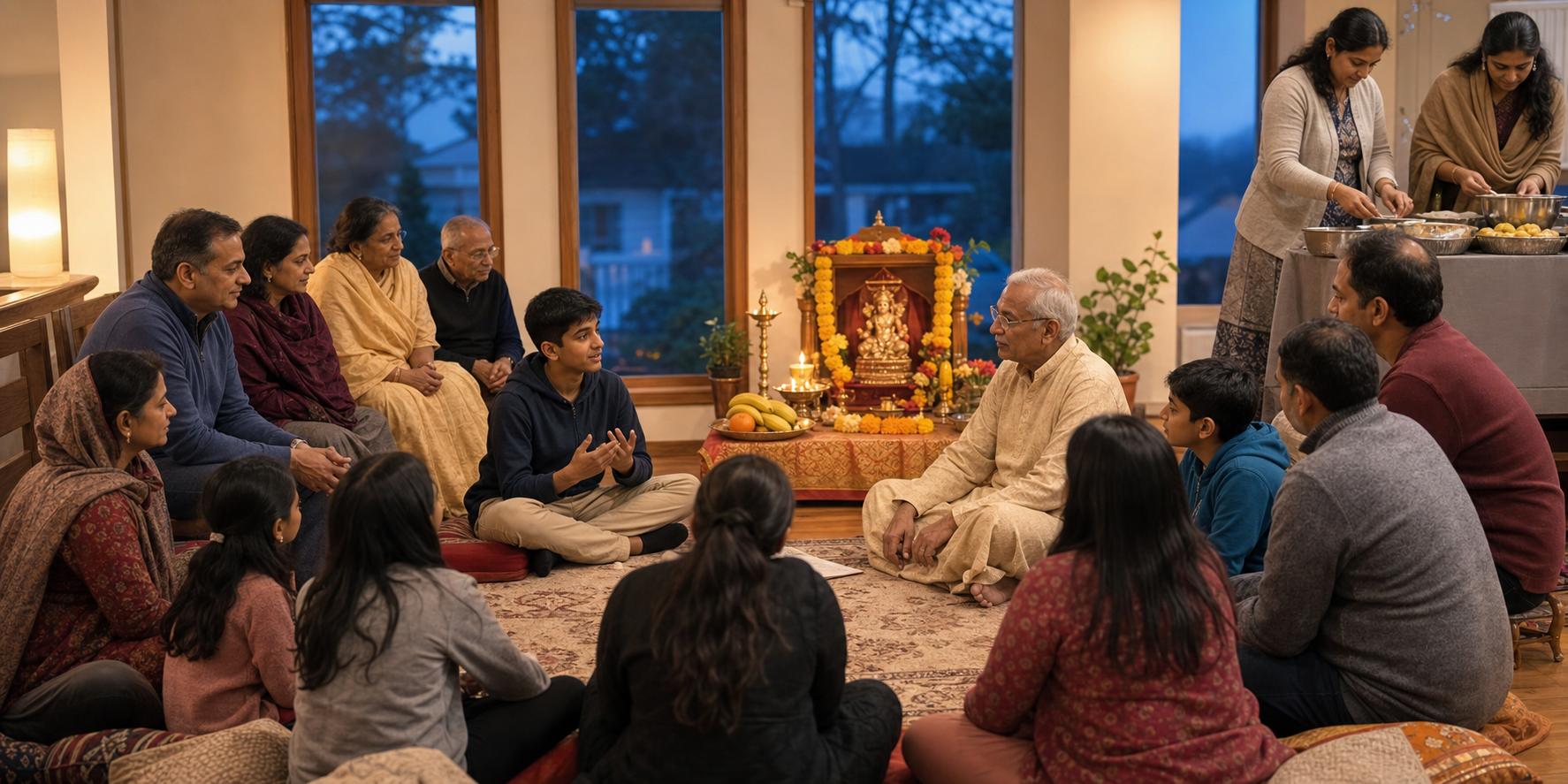 Children, teenagers, parents, and elders gather in a semicircle for a weekly Hindu satsang around a small shrine with a lit brass lamp and marigolds.