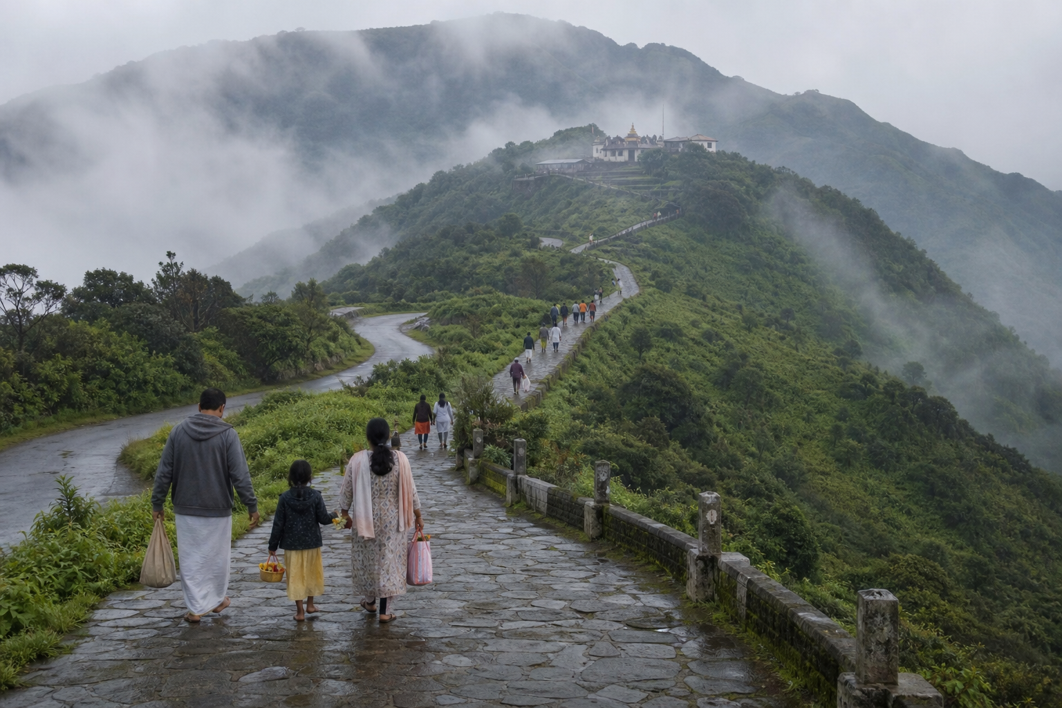 Pilgrims walk along a misty mountain approach toward Talakaveri in the green Brahmagiri hills.