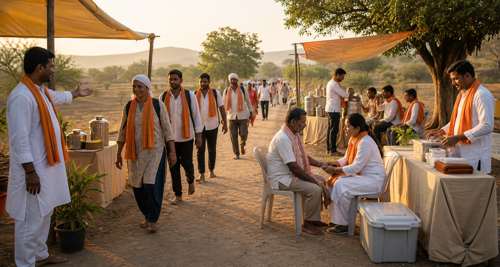 Volunteers organize assessment, first-aid supplies, water, and shaded seating at a pilgrimage medical aid point.