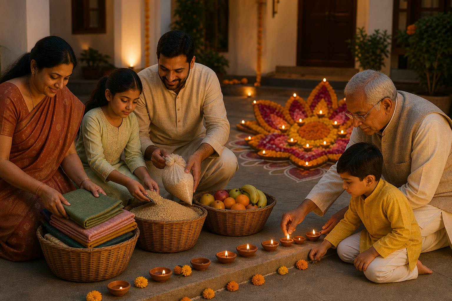 A family prepares baskets of grain, cloth, and fruit for donation while lighting clay diyas in a decorated courtyard.