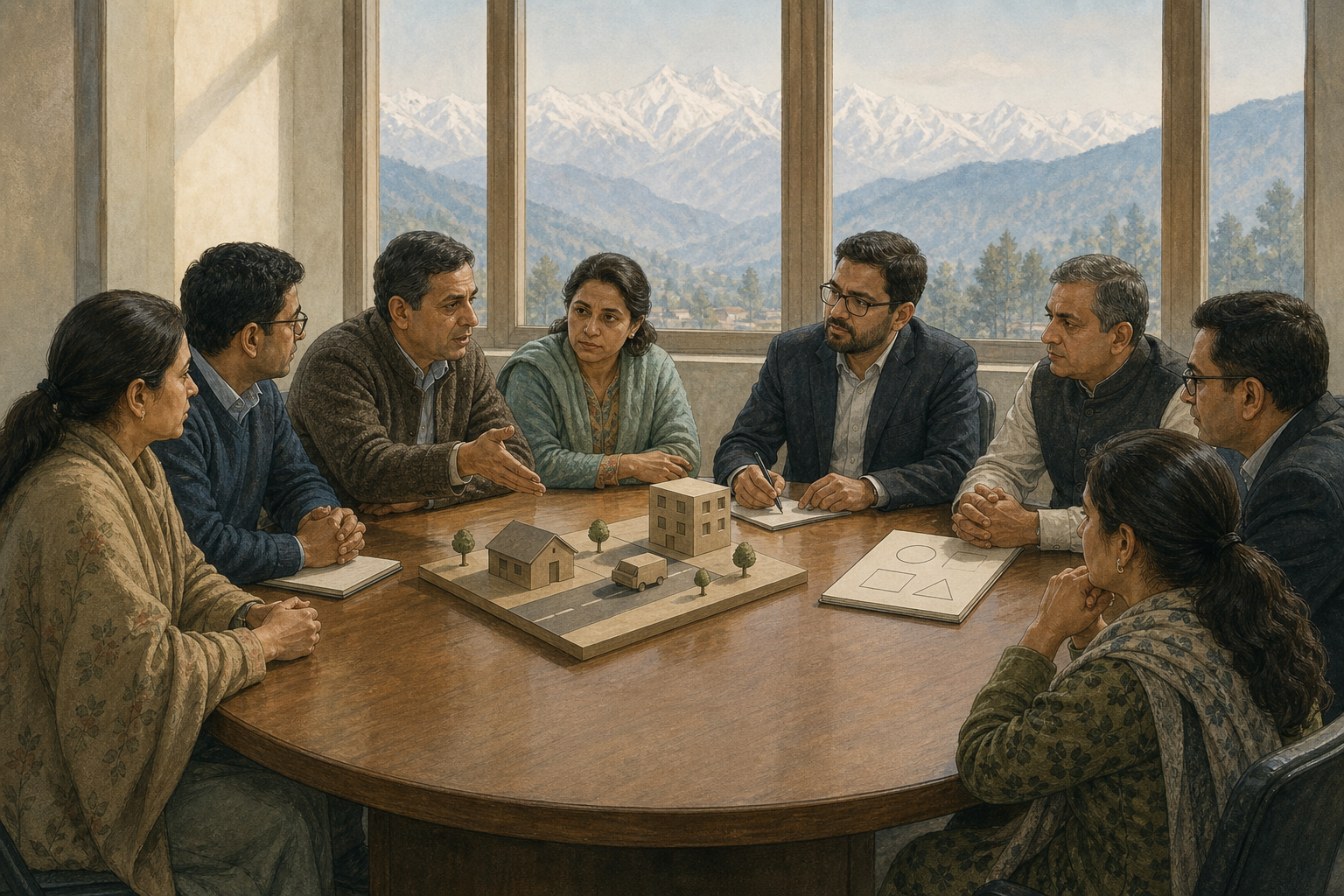 Employees, relatives, administrators, and security professionals discuss a home-to-office protection plan around a round table.