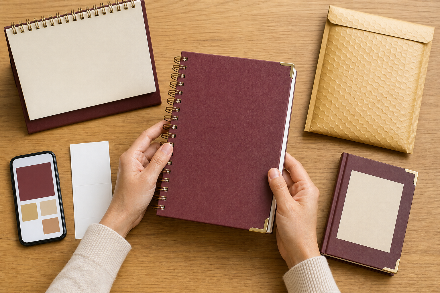 A shopper checks a diary's binding and corners beside calendar formats, packaging, a blank receipt, and a smartphone.