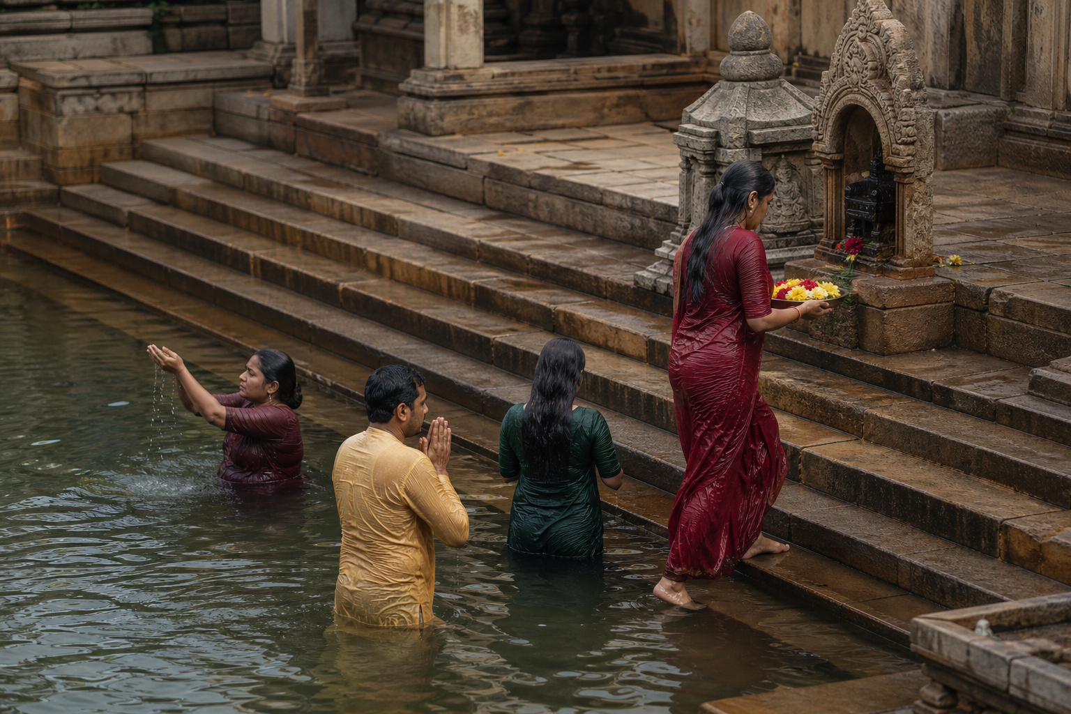 Pilgrims pray and bathe respectfully at the stepped sacred tank beside the Talakaveri shrine.