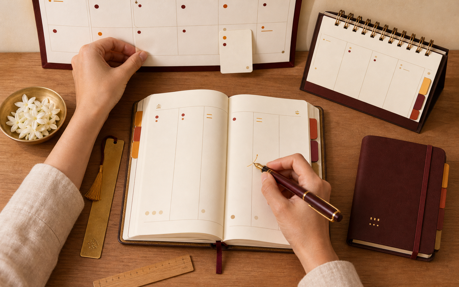 A hand coordinates plans among a wall calendar, table-top calendar, open large diary, and compact diary on a desk.