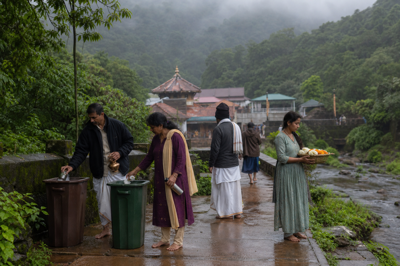 Pilgrims keep a forested path near Talakaveri clean while carrying offerings in reusable and natural containers.