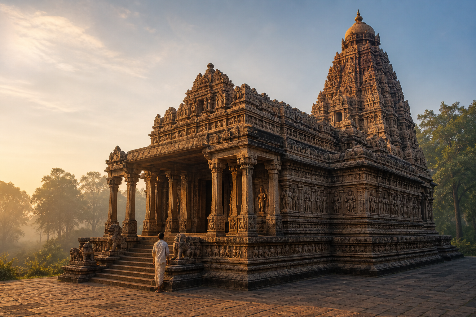 A visitor stands before a richly carved Hindu stone temple whose entrance halls and rising sanctuary tower are illuminated by early morning light.
