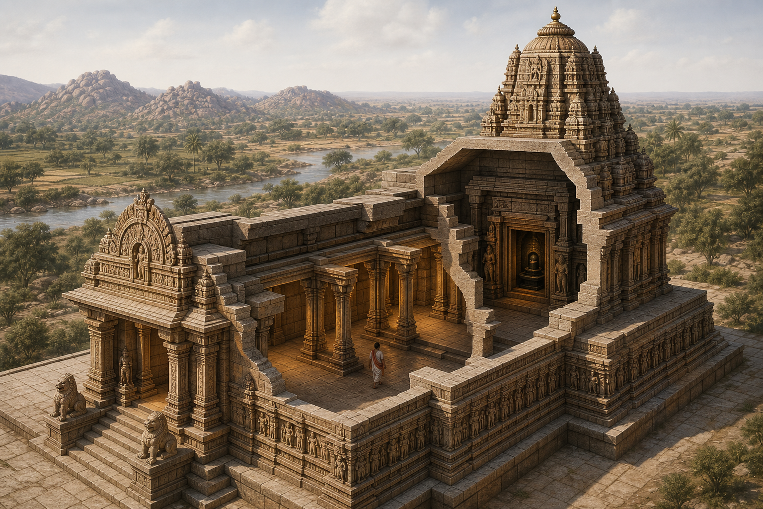 A cutaway illustration reveals the entrance, pillared hall, inner chamber, sanctuary, and tower of a Hindu temple along one central path.