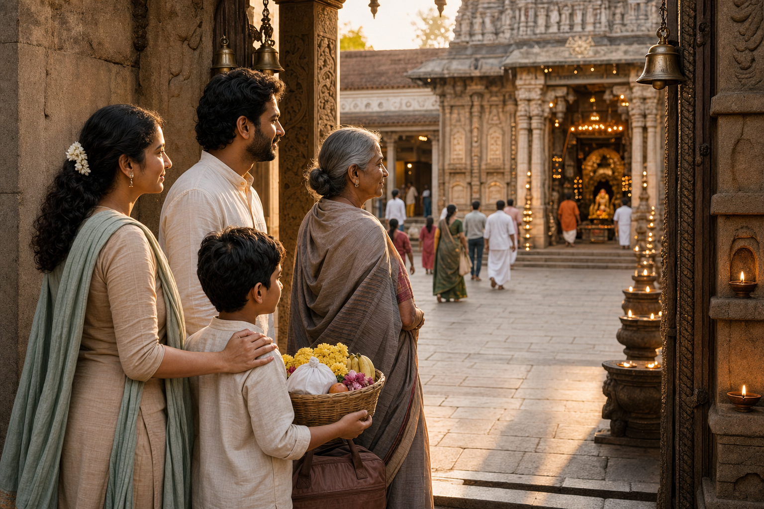 A multigenerational family carries flowers and fruit into a stone temple courtyard for worship, with a small travel bag beside them.