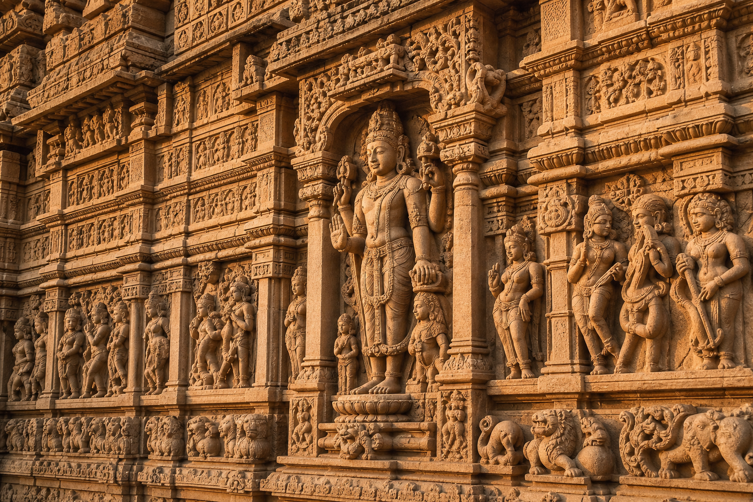 A carved sandstone temple wall arranges a central sacred figure, attendants, musicians, animals, and foliage within repeated niches and horizontal bands.