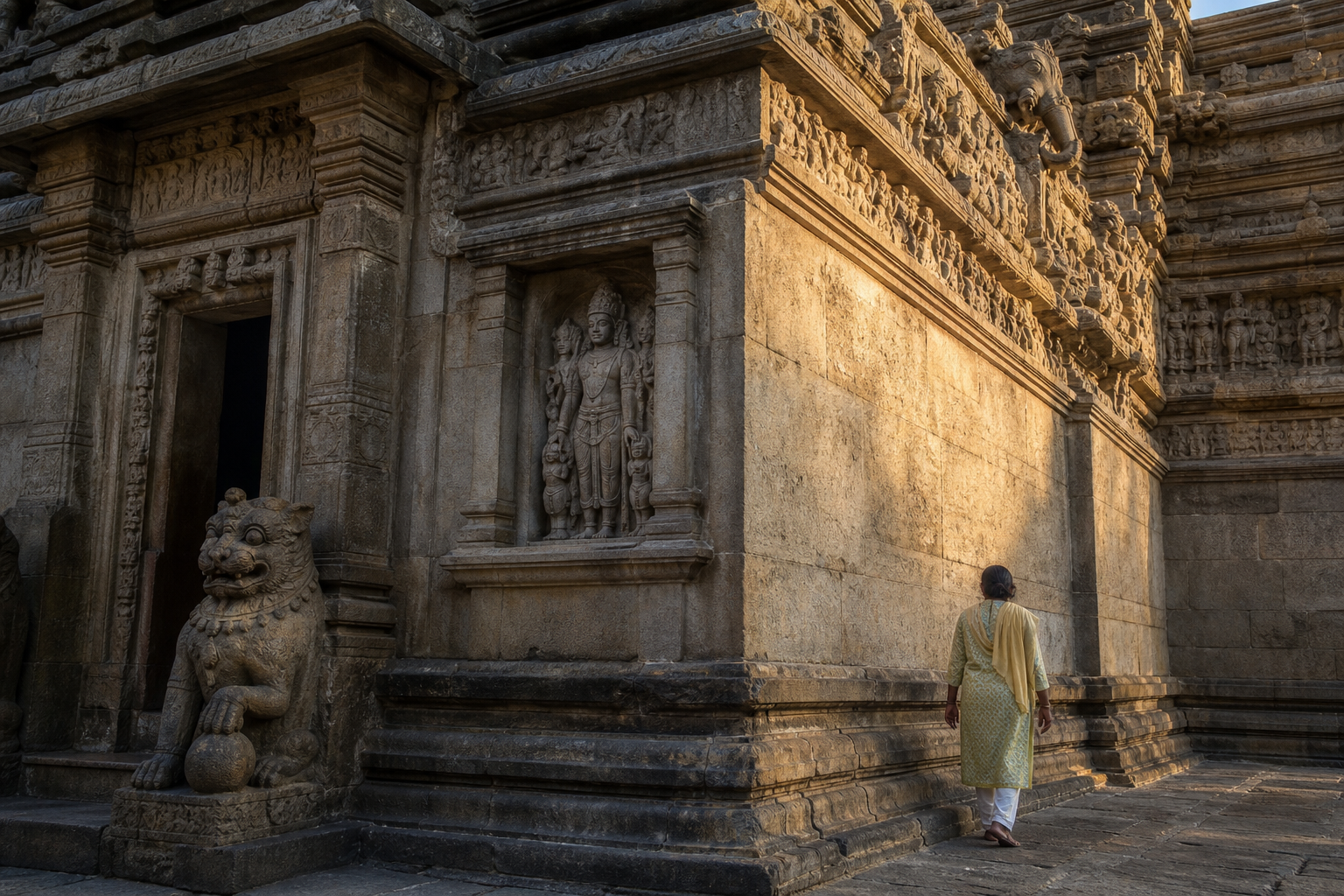 A visitor walks clockwise around a temple corner where a doorway guardian, a niche figure, and higher celestial carvings occupy different architectural positions.