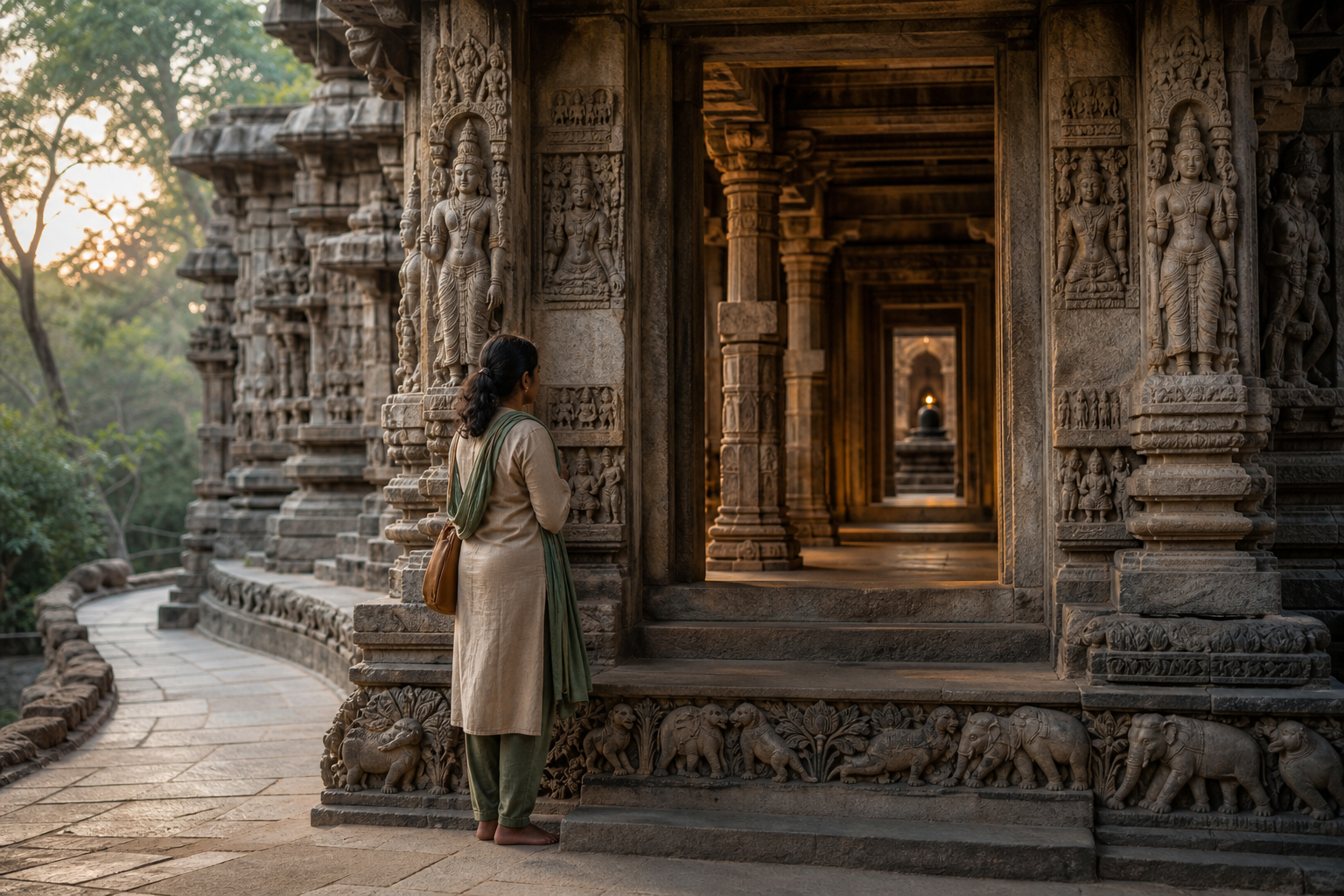 A visitor pauses at a carved temple threshold as aligned halls and doorways lead from the bright exterior toward a dark inner sanctuary.