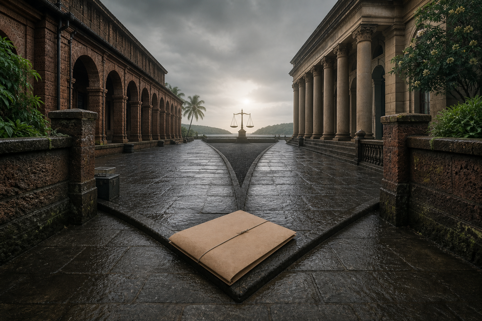 A sealed evidence folder lies where two stone corridors converge toward an illuminated balance scale in a courthouse setting.