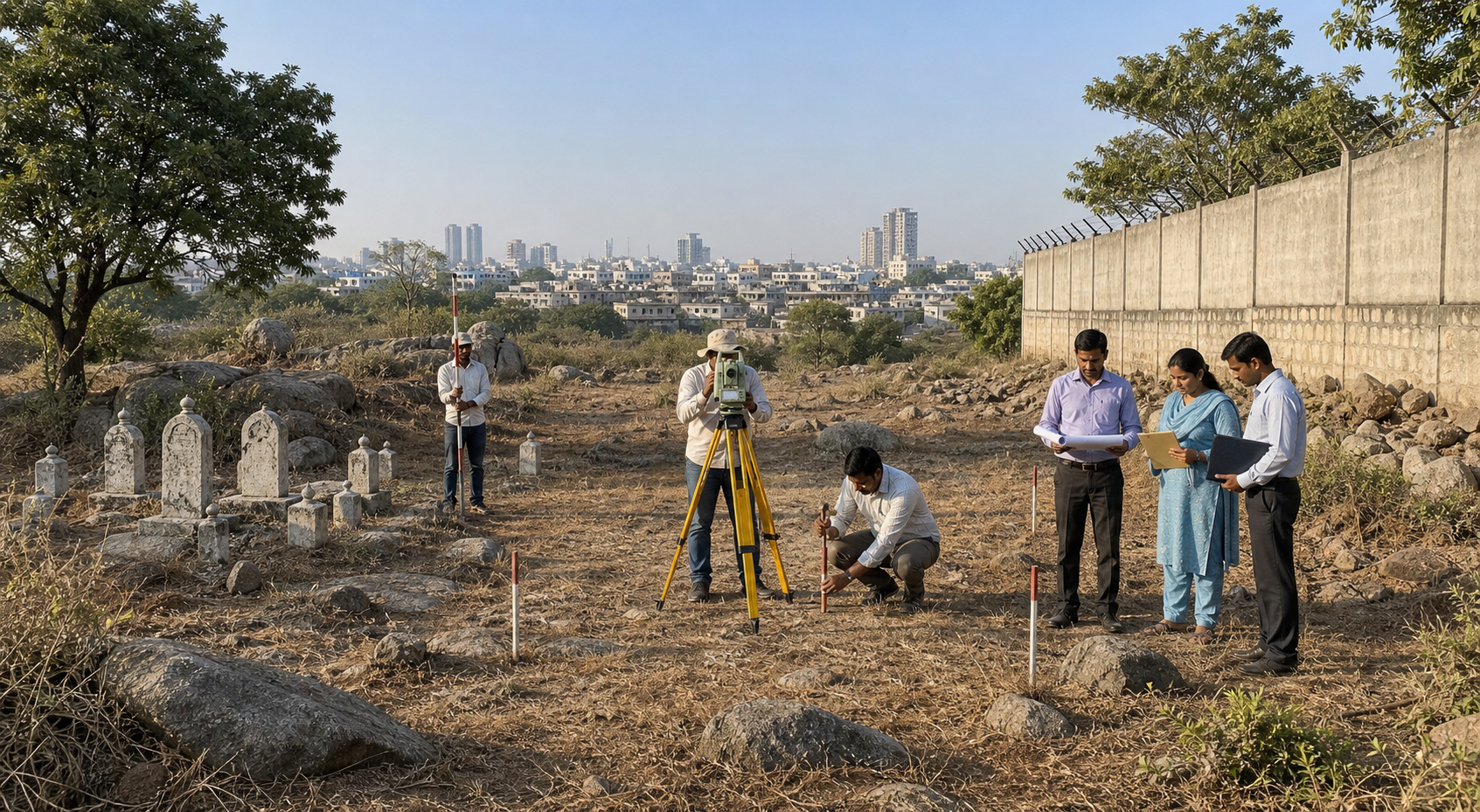 Surveyors and officials examine an unmarked urban parcel with old grave markers, a secured boundary wall, Deccan rocks, and Hyderabad buildings in the distance.
