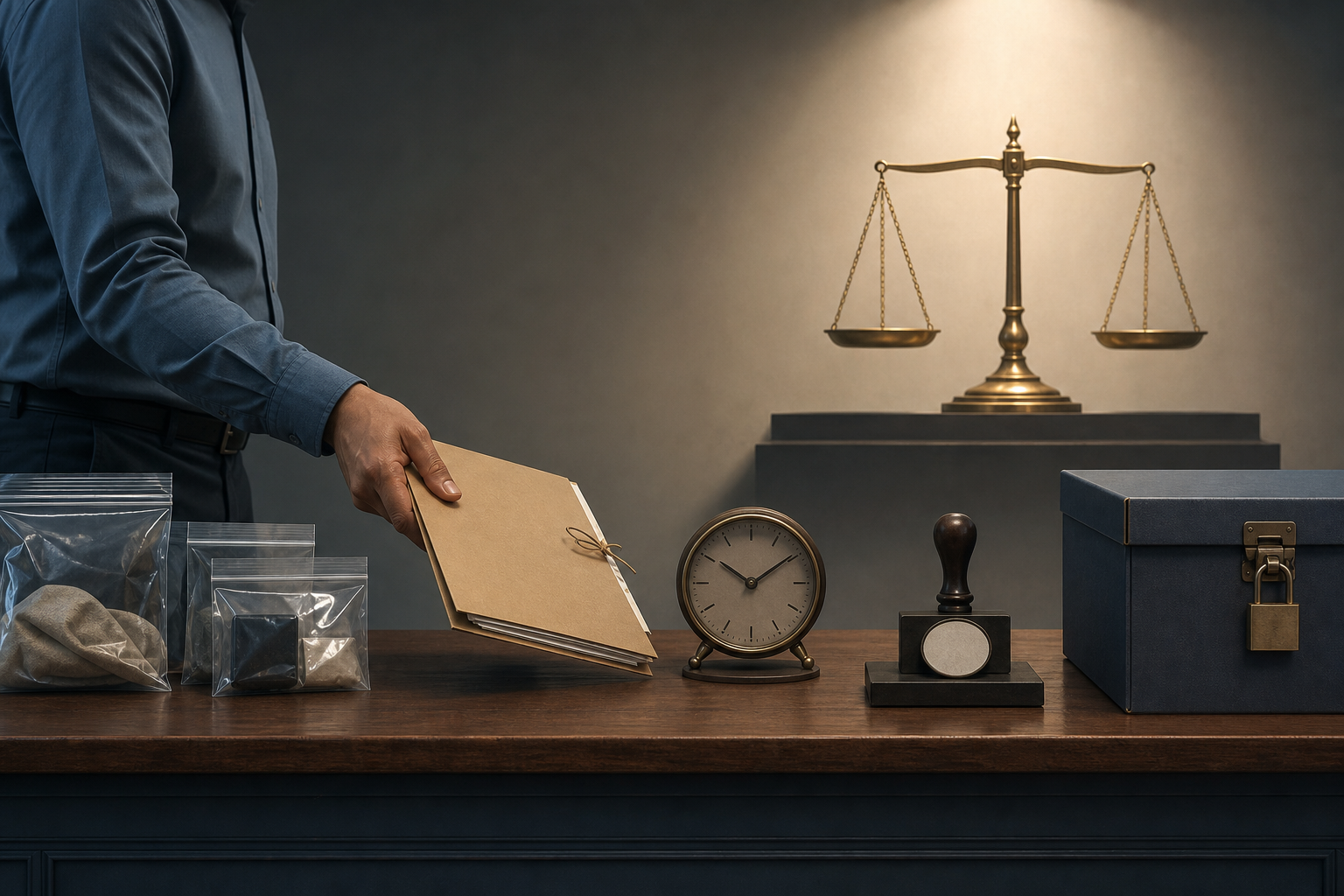 An investigator handles sealed evidence and procedural materials while a level balance scale remains untouched in the background.