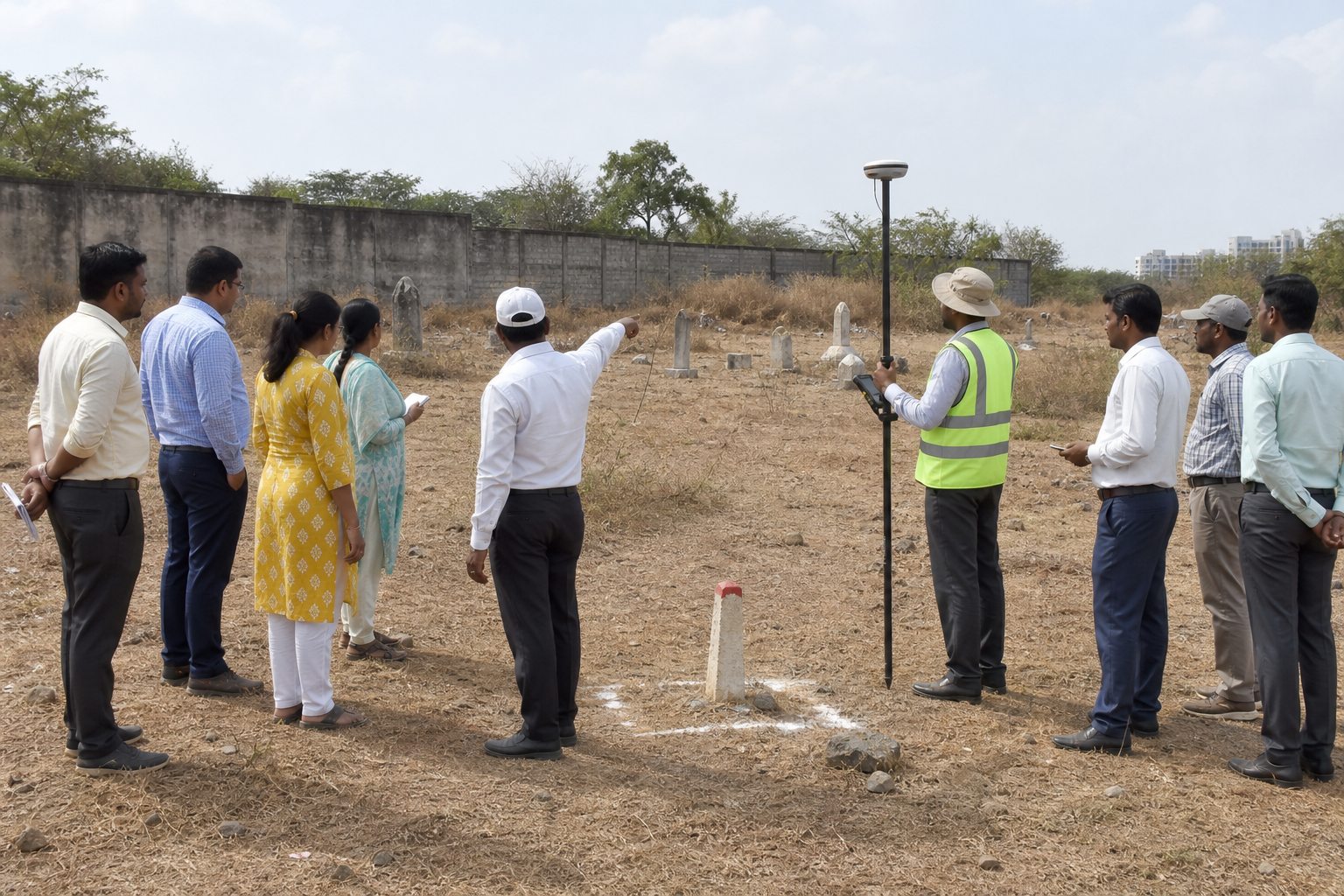 Officials and surveyors from several institutions conduct a joint inspection around a boundary marker on dry urban land.