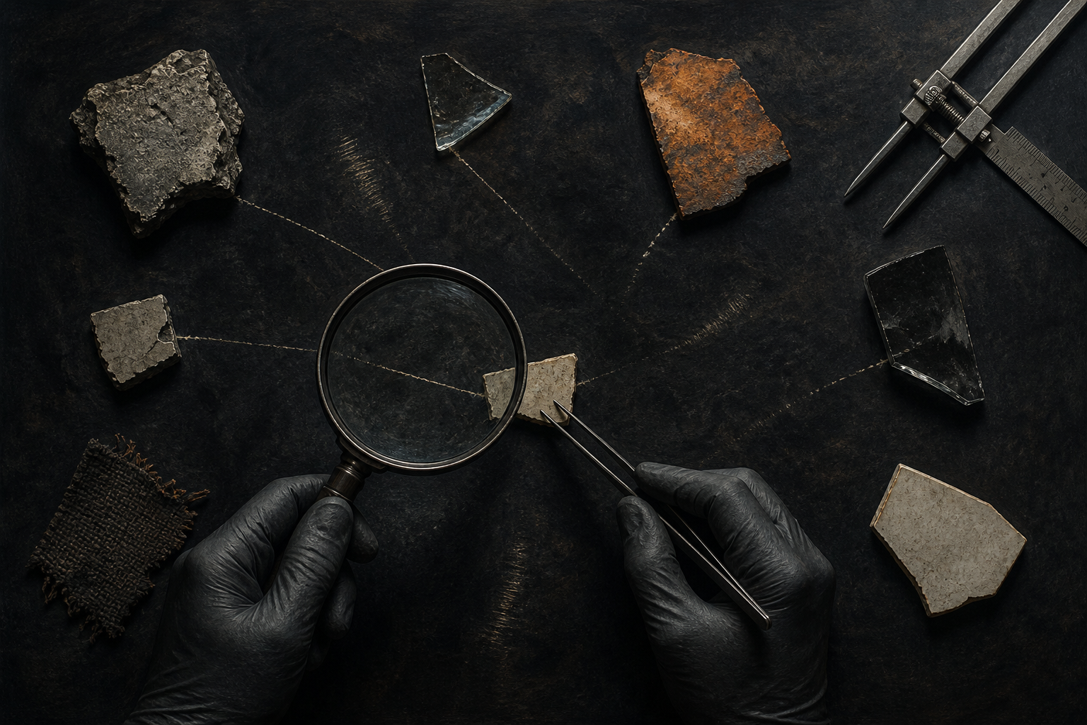 Gloved hands examine separate evidence fragments and test whether faint connections between them are genuine.