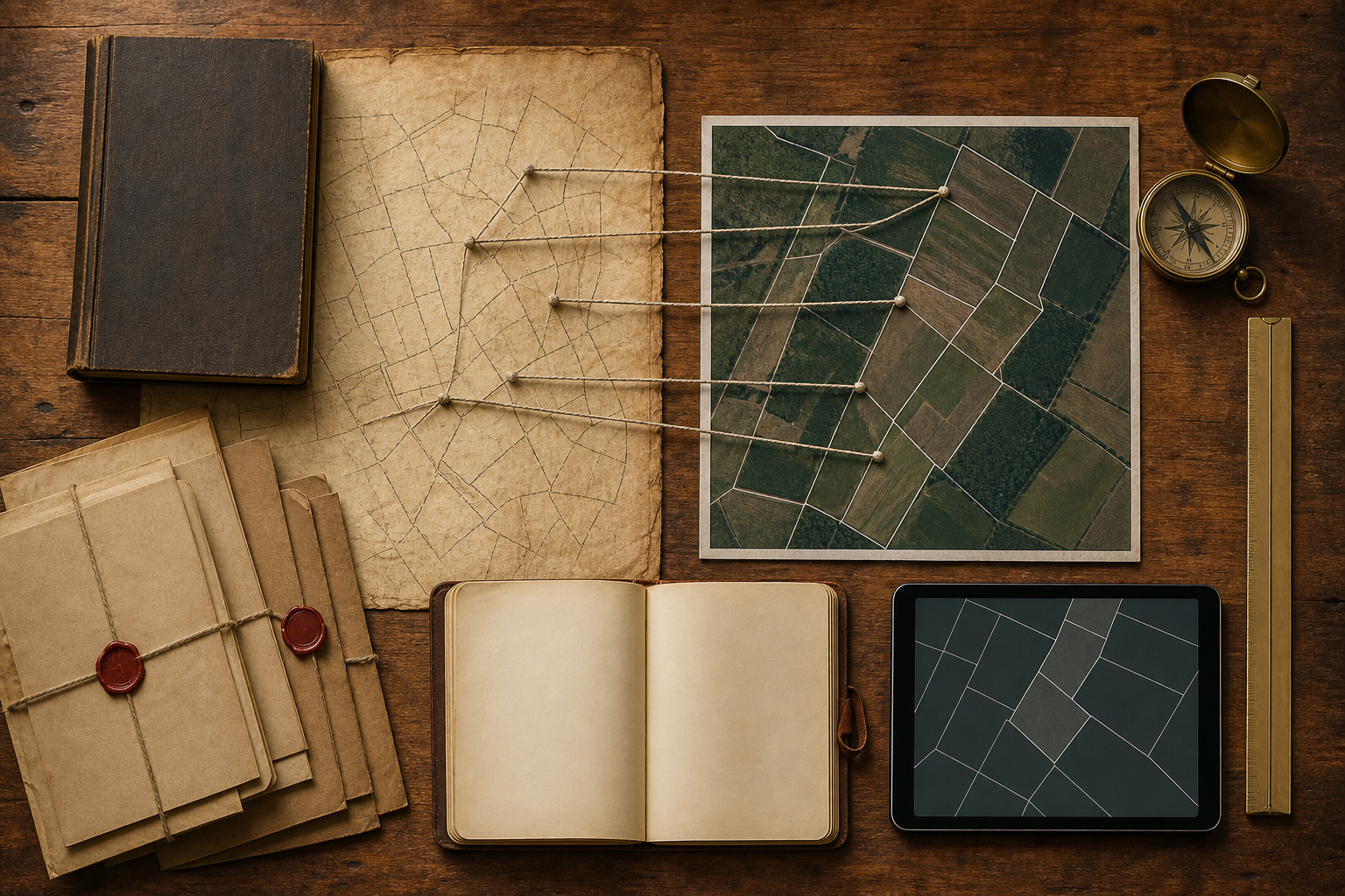 An overhead table holds an old parcel map, archival registers, file folders, survey tools, and an unlabeled modern aerial image.