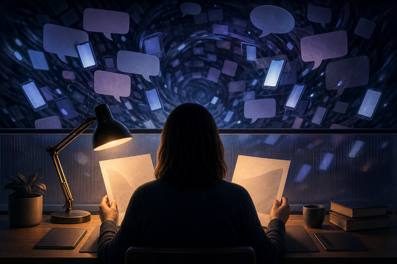 A reader checks two source documents at a quiet desk while a swirl of blank phone screens and speech bubbles suggests online rumours behind them.