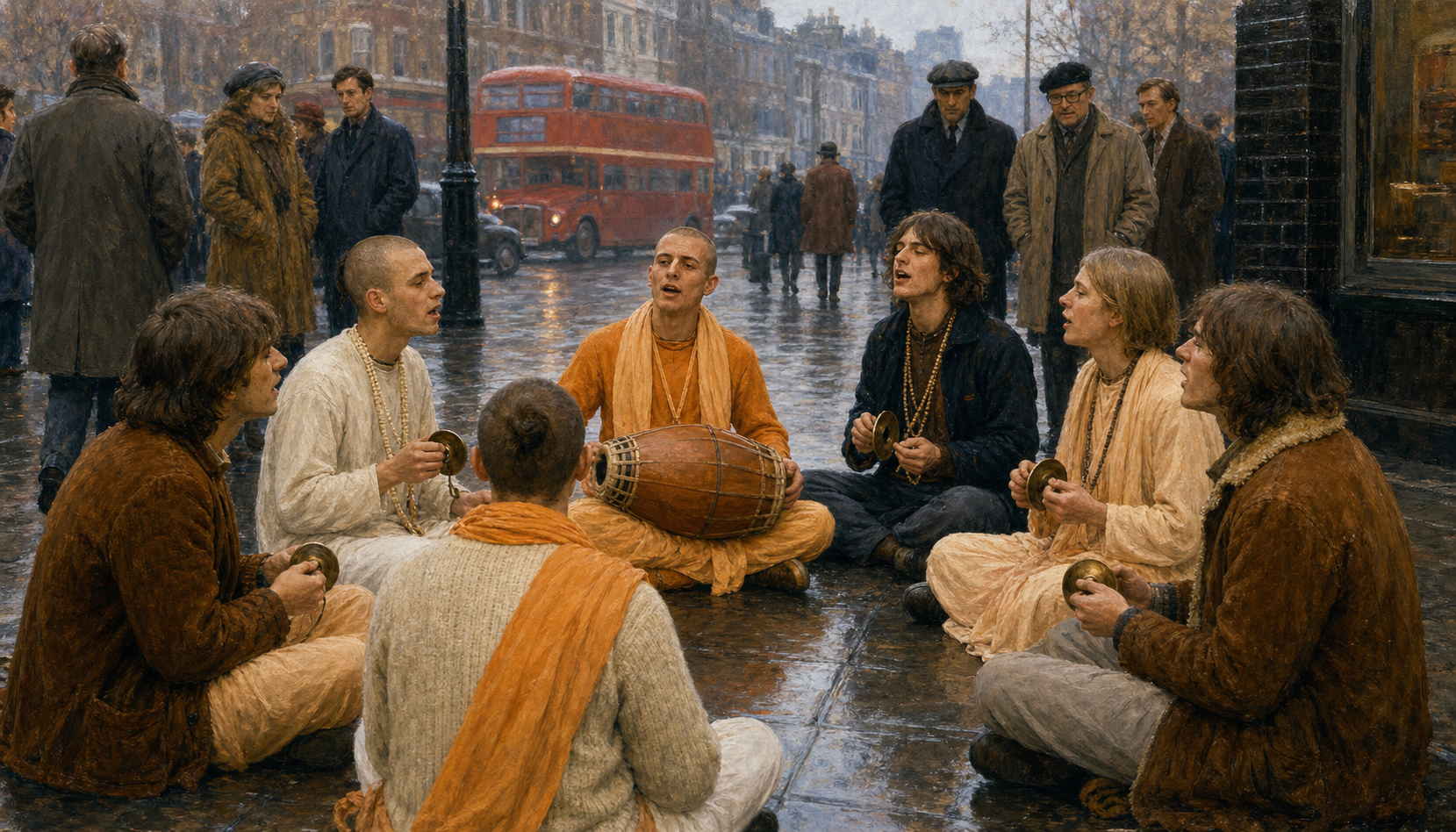 A small group of Hare Krishna devotees sings and plays cymbals and a drum on a wet London street as pedestrians watch.