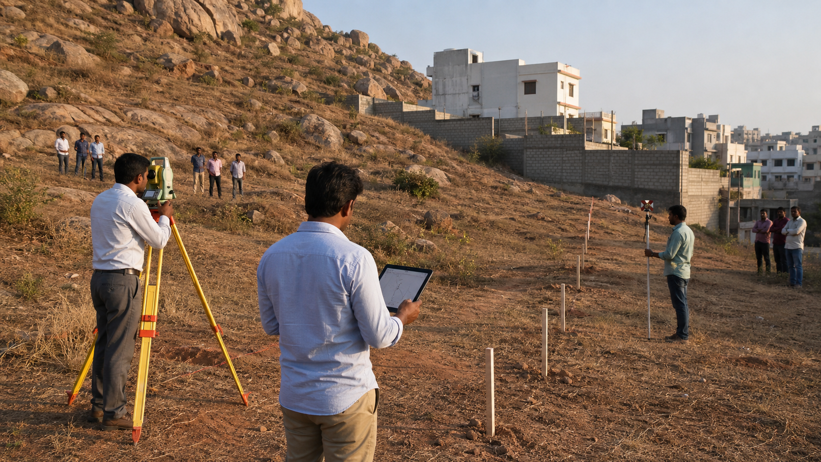 Surveyors use a total station, prism, tablet, and temporary stakes to verify the boundaries of a rocky Hyderabad land parcel.
