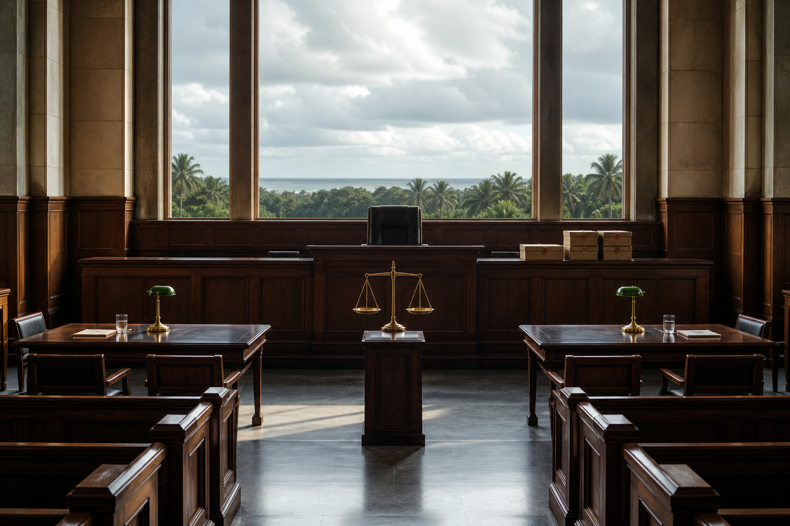 An empty courtroom has equal light on the prosecution and defence tables, with a level balance scale and sealed evidence boxes nearby.