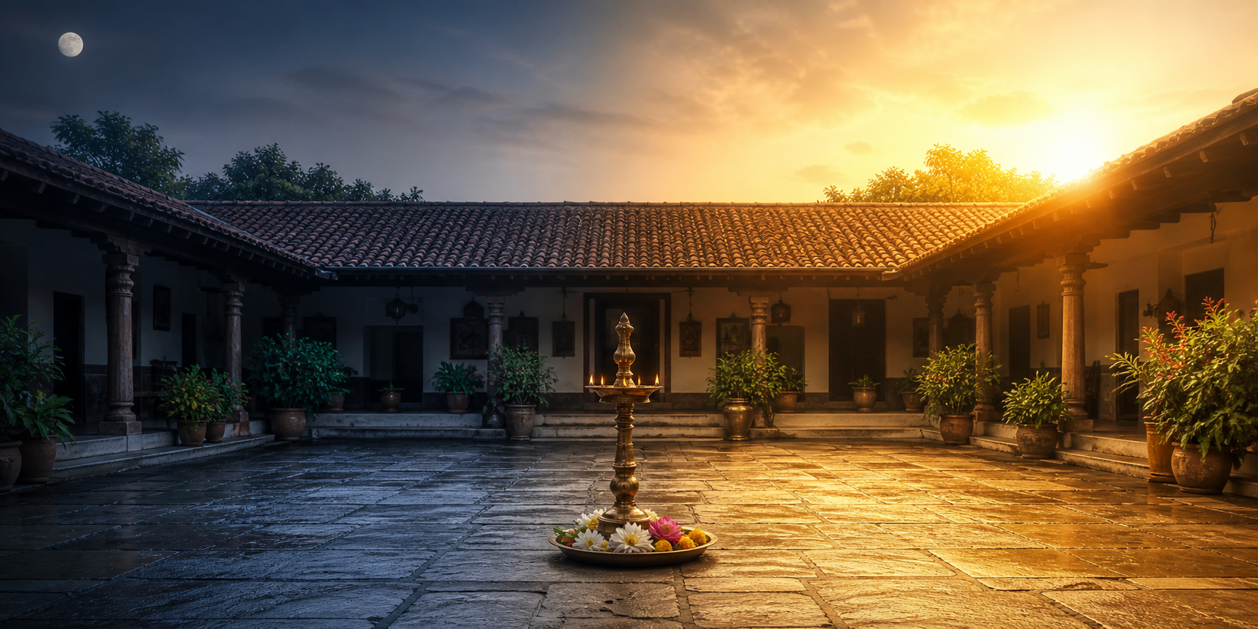 A continuous courtyard scene shifts from cool morning light with a faint moon to warm afternoon sunlight around a central brass lamp and flowers.