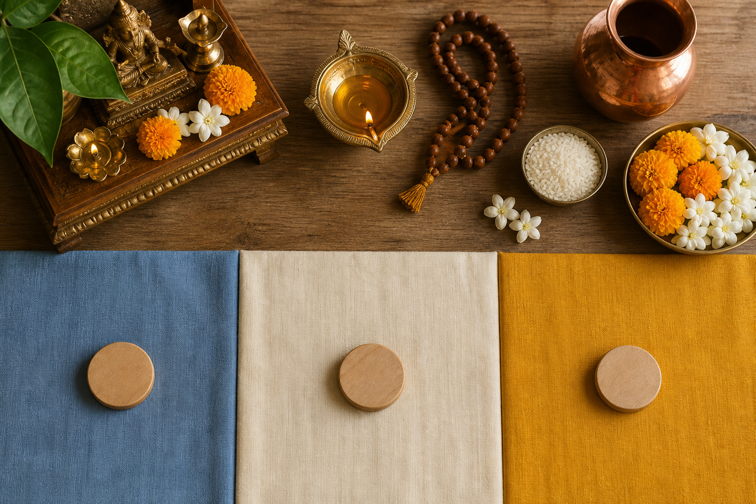 Prayer beads, a brass lamp, flowers, rice, a copper vessel, and unmarked planning tokens arranged neatly on a wooden table.