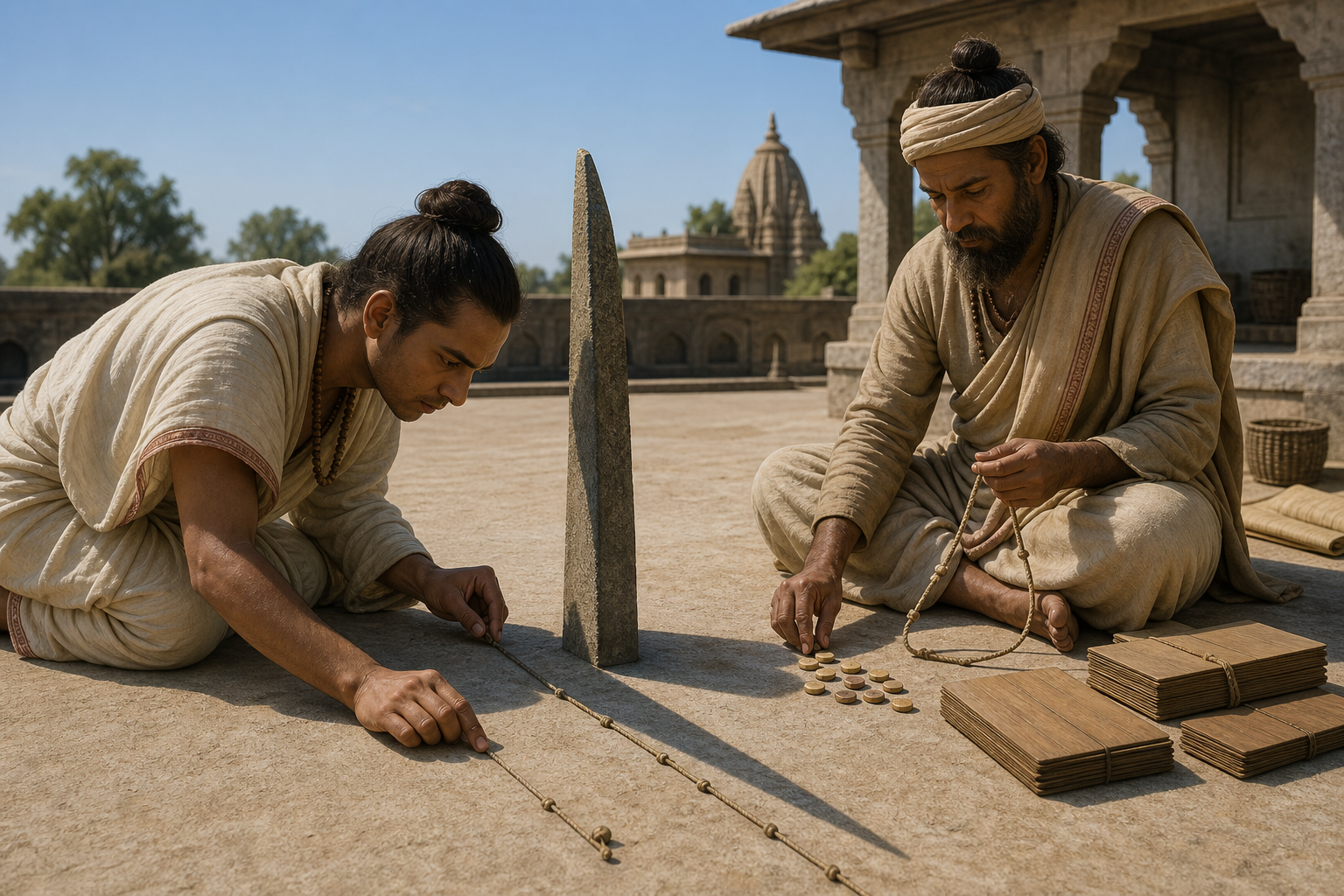 Two medieval Indian scholars measure a gnomon's shadow and use a cord and counting tokens in a sunlit courtyard.