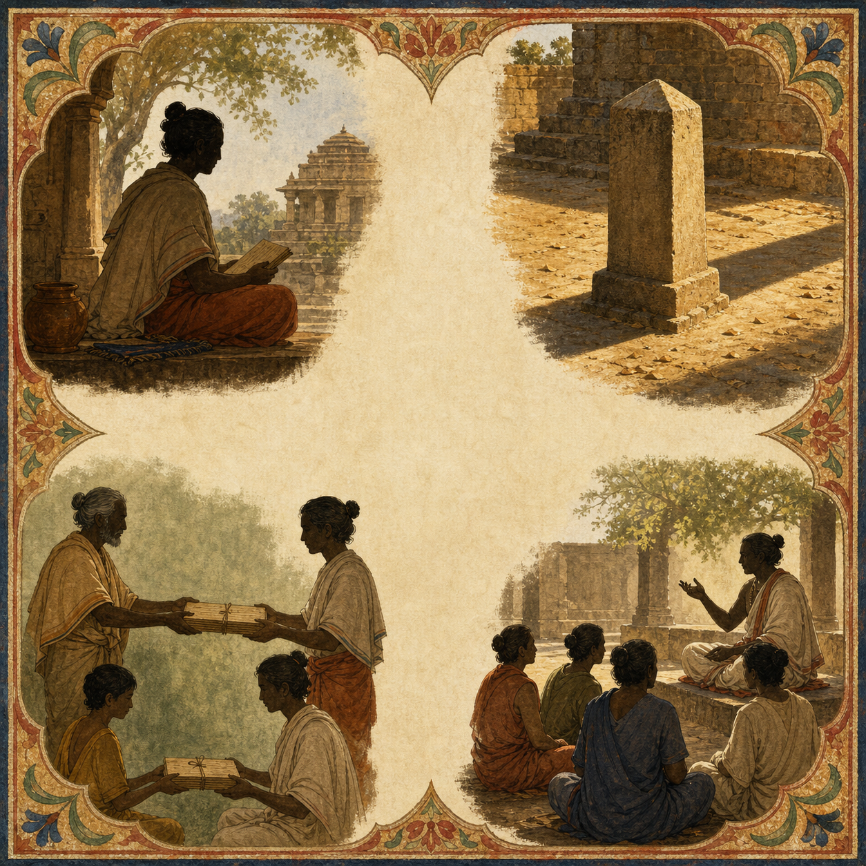Four separate vignettes show an unidentified scholar, a shadow marker, teachers passing palm-leaf folios, and a scholarly gathering.