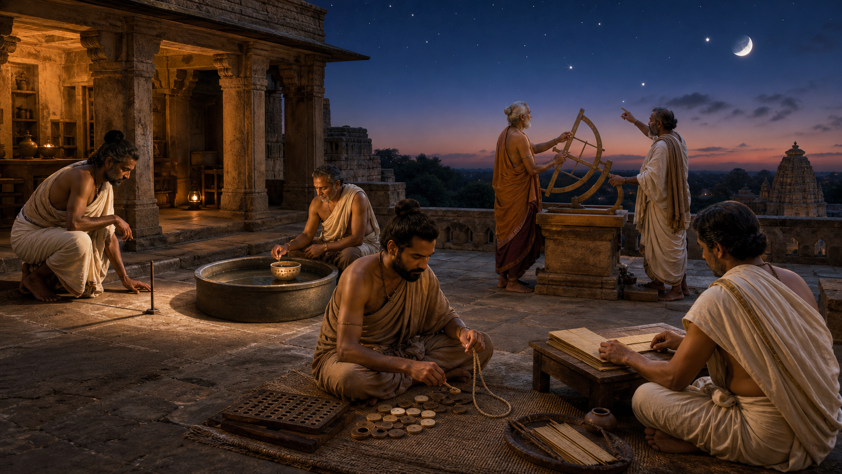 A group of medieval Indian observers, calculators, scribes, and teachers work with a gnomon, water clock, measuring cord, counting tokens, and palm leaves.
