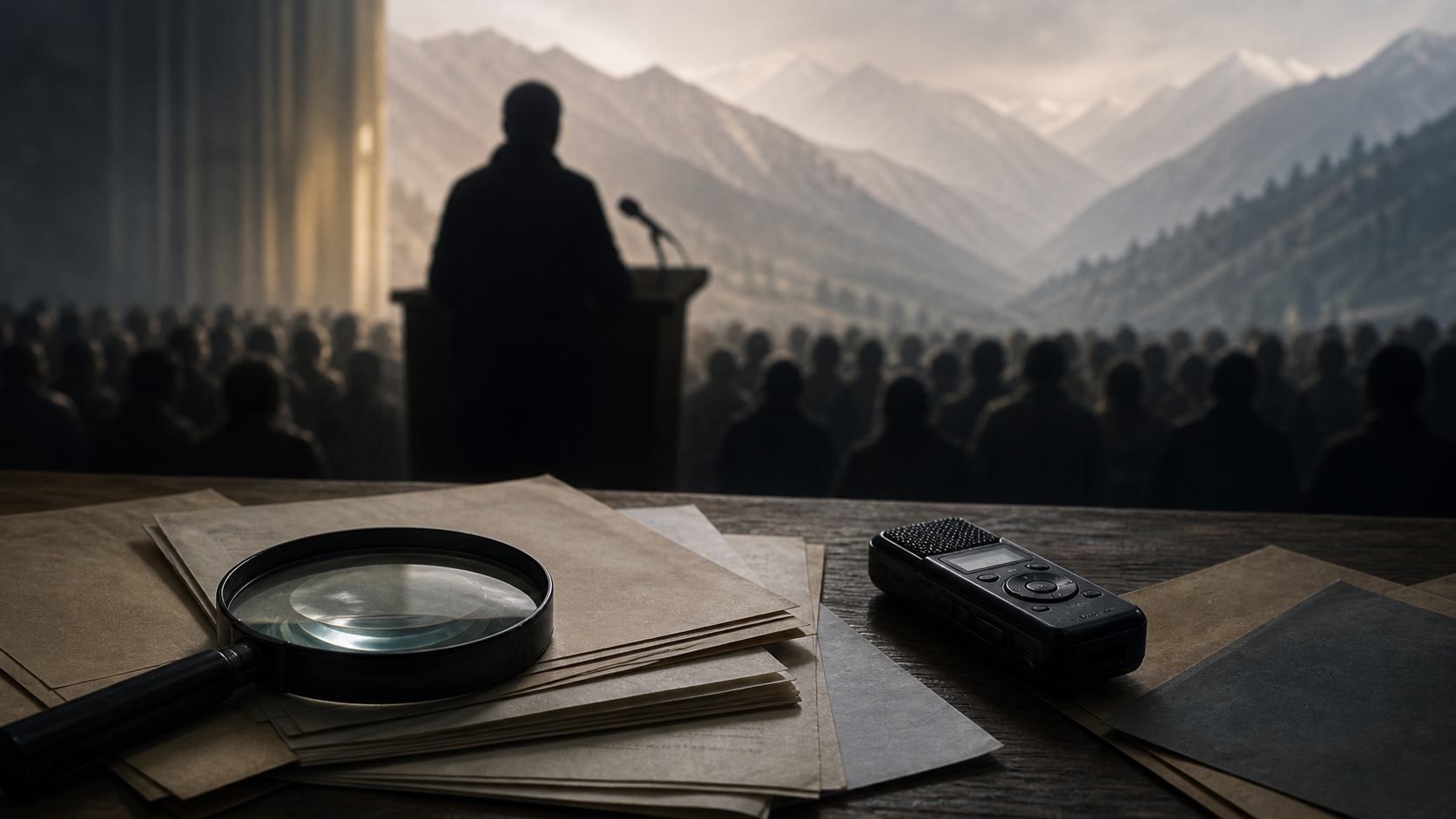 An anonymous speaker and blurred audience appear behind a desk holding a magnifying glass, audio recorder, and unmarked papers, with mountains faintly visible in the distance.