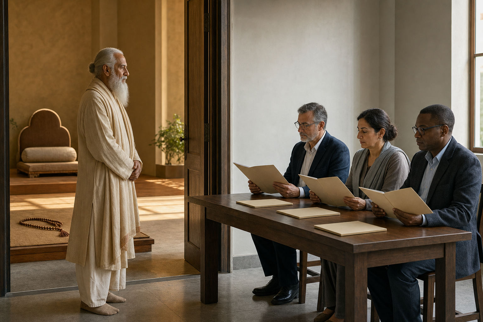 An elderly spiritual teacher stands by an open doorway while an independent panel reviews blank folders at a separate table.