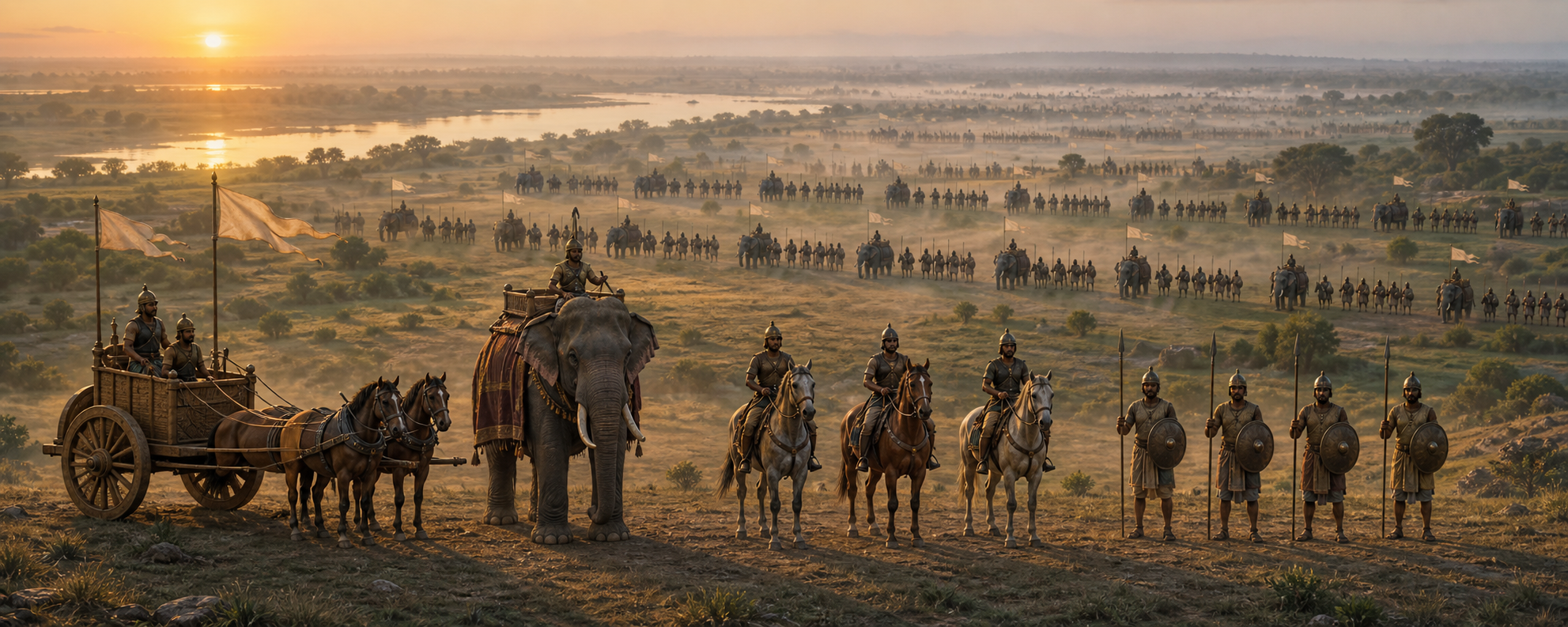 An ancient Indian army expands from a foreground patti of one chariot, one elephant, three cavalry riders and five foot soldiers into larger organized forces across a plain.