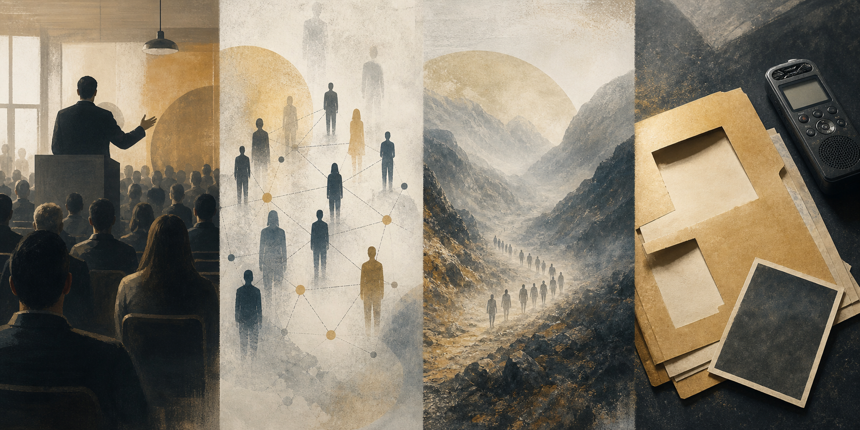 A four-panel illustration shows an anonymous public speaker, connected crowd silhouettes, distant figures near a mountain pass, and an incomplete evidence file with an audio recorder.