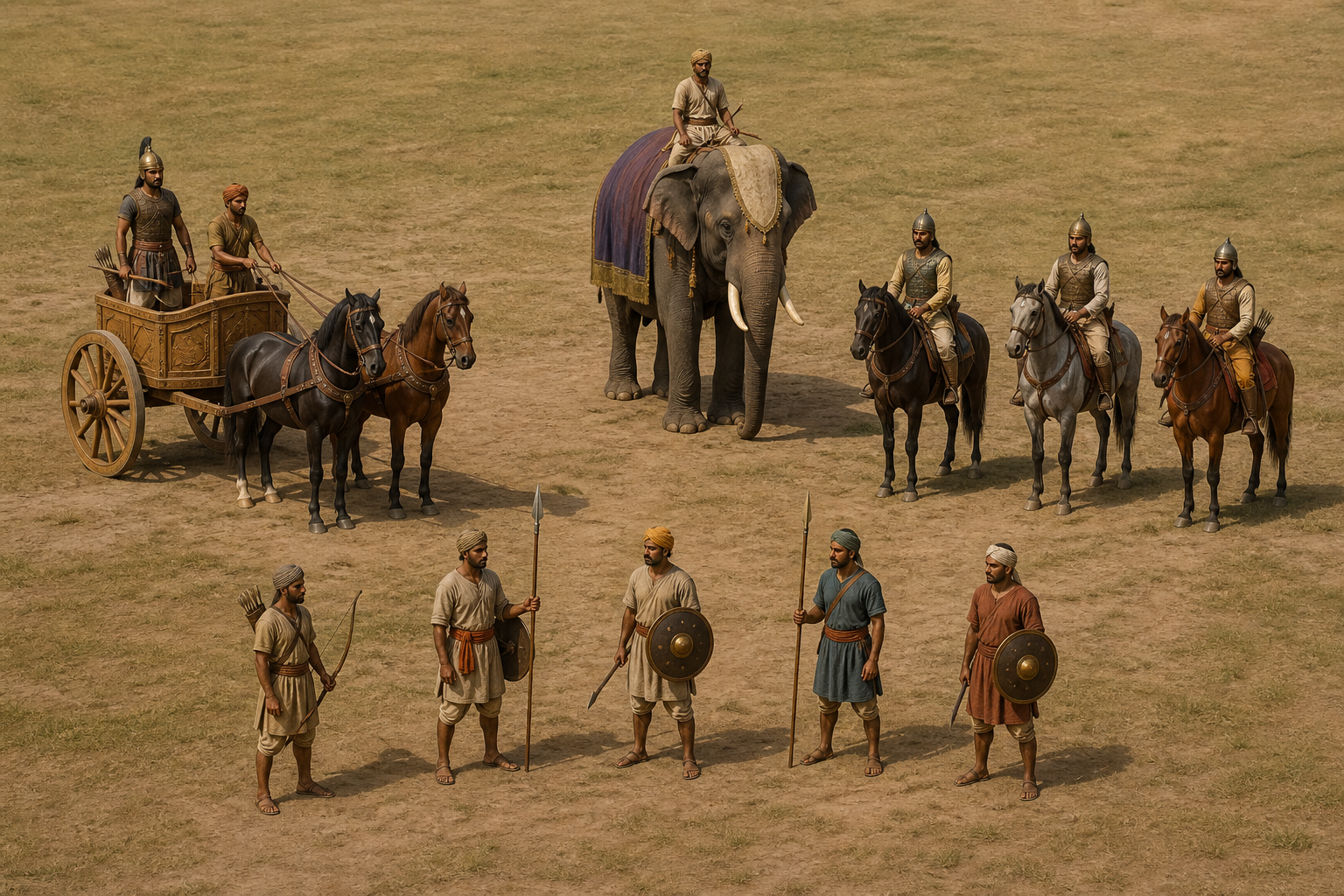 A patti musters on a field with one chariot, one elephant, three mounted cavalry riders and five foot soldiers.