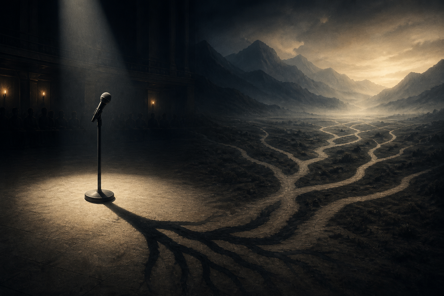 A microphone under a spotlight casts a long branching shadow toward a misty mountain valley as indistinct audience silhouettes watch from the dark.