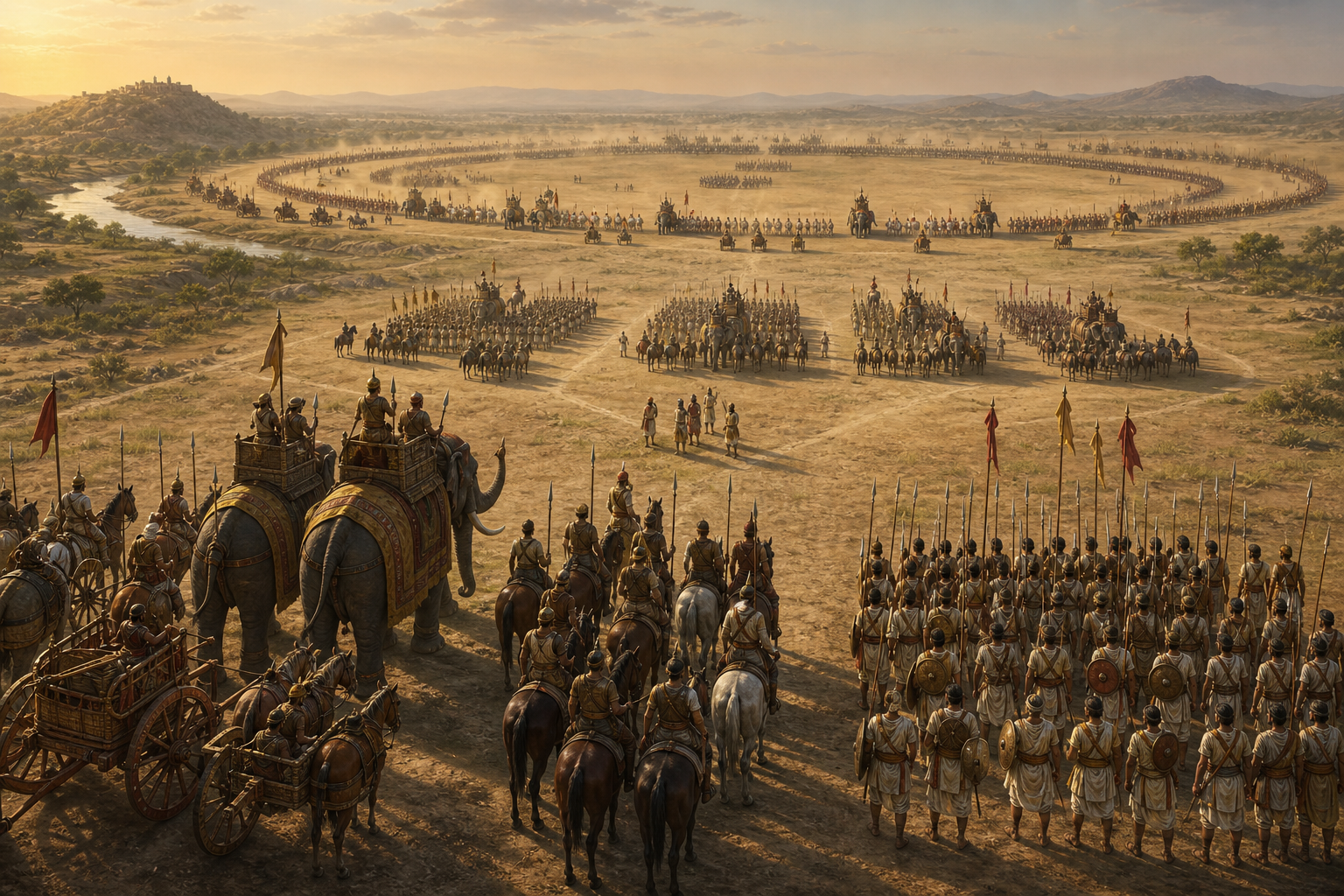 Separate groups of chariots, elephants, cavalry and infantry become mixed military units and then deploy in a curved battlefield formation.