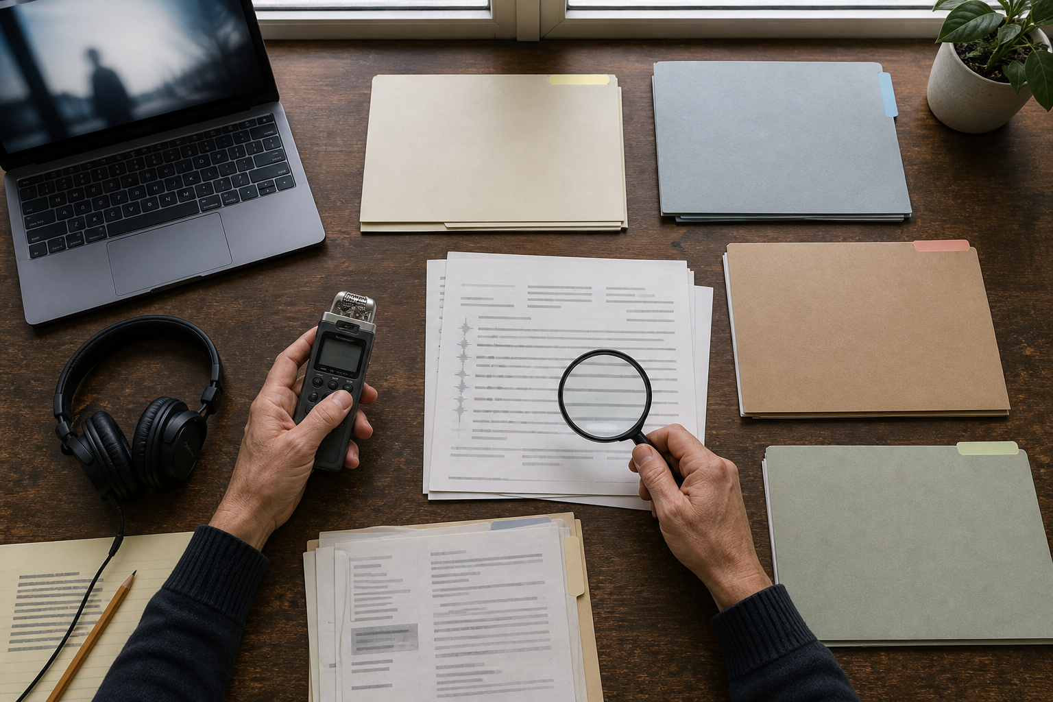 Hands compare an audio recorder, headphones, unmarked transcript pages, separate evidence folders, and a blurred video image at an organized reporting desk.