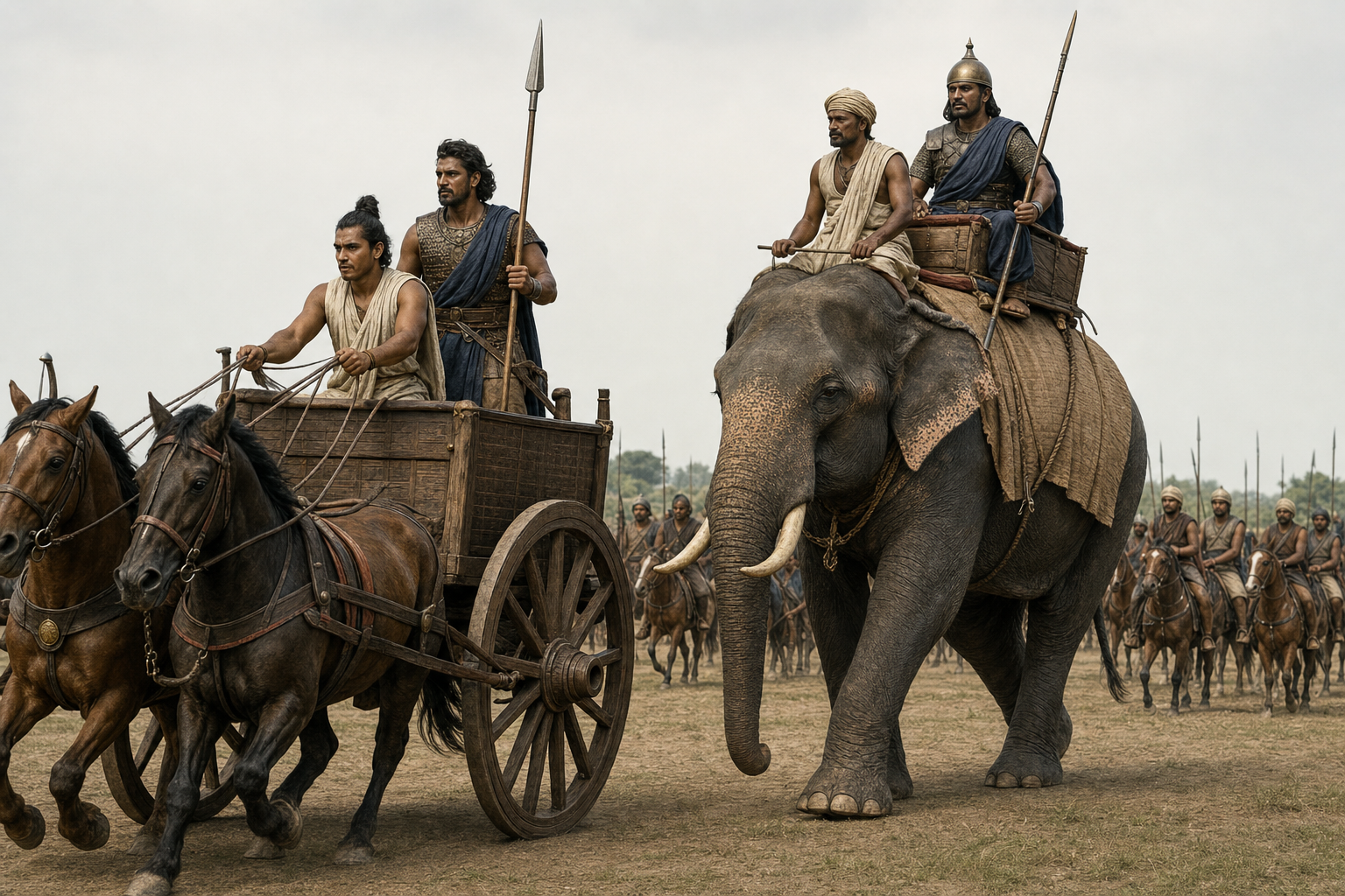 A chariot with a driver and warrior stands beside an elephant carrying a handler and military rider, illustrating that platforms, animals and people are different kinds of counts.