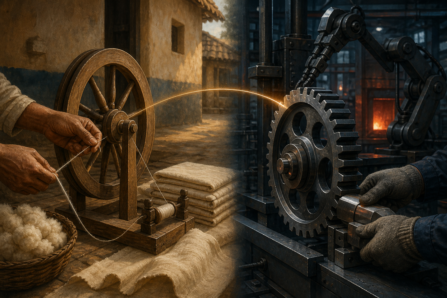 A wooden spinning wheel and village cotton workshop mirror the circular forms of gears in a modern factory, with anonymous hands working on each side.