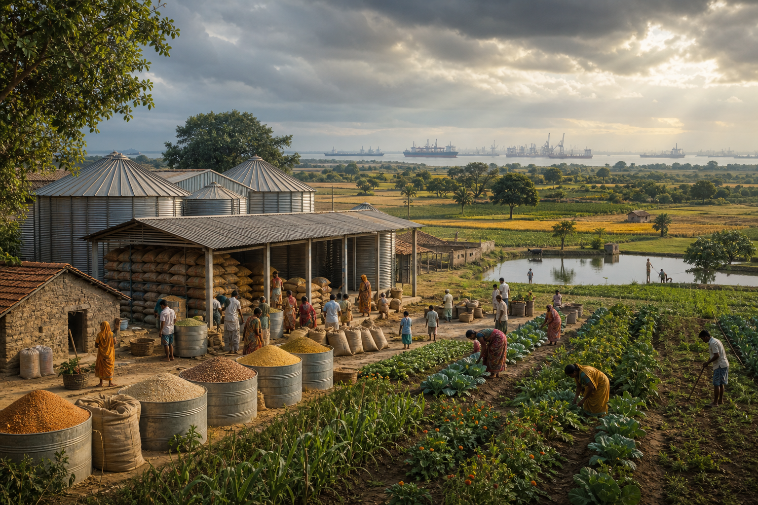 Farmers work in diverse crop fields beside a village grain warehouse and storage bins, with cargo ships faintly visible at a distant port.
