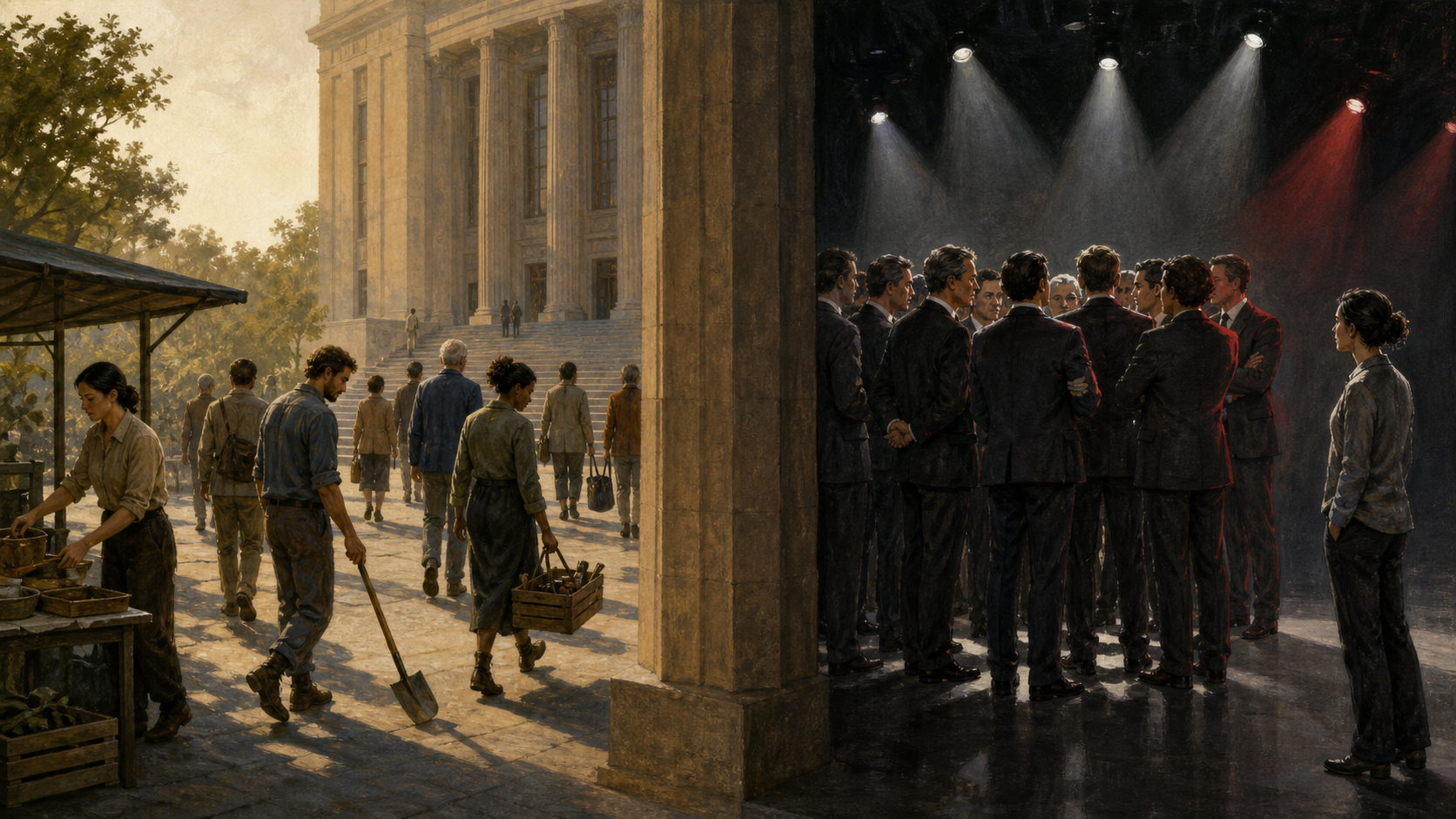 A calm group withdraws from work and walks away together on one side, while a modern political gathering isolates a suited figure under bright stage lights on the other.