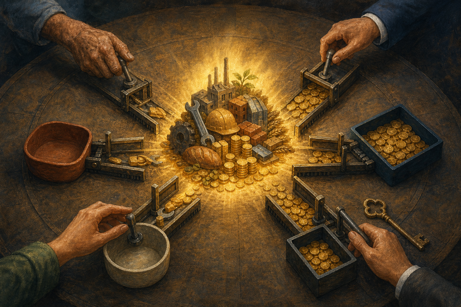Several people use gates and levers to divide a glowing pile of goods and coins into unequal containers around a shared table.