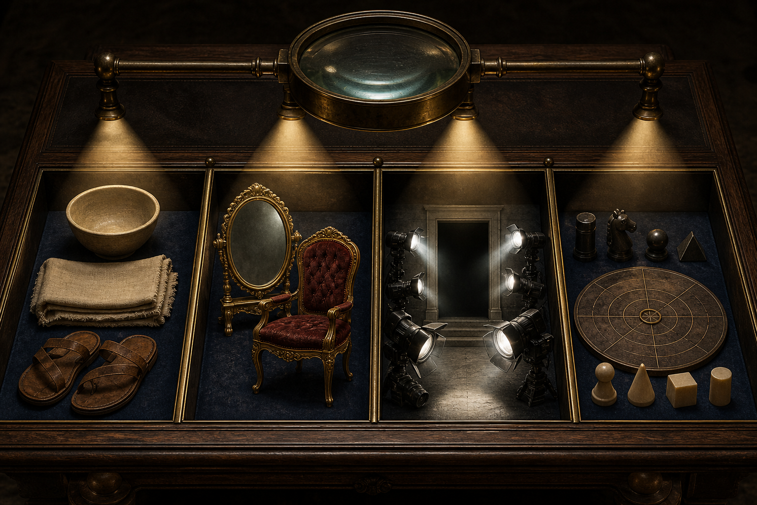 Four divided compartments contain symbols of restraint, ego, public scrutiny, and political strategy beneath a magnifying lens.
